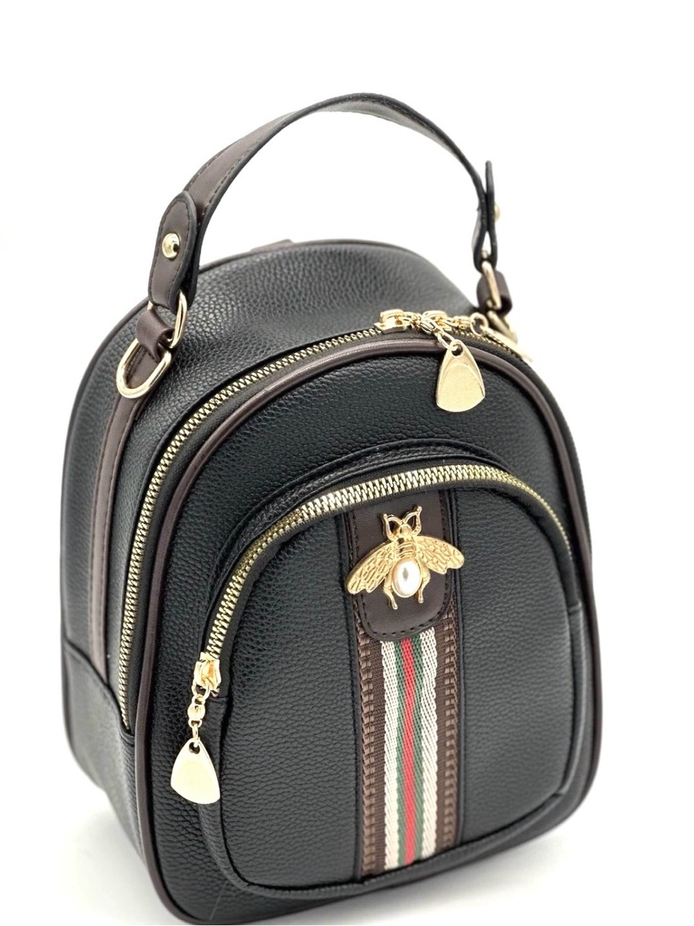 Black Mini Backpack with Gold Bee Pearl Accent